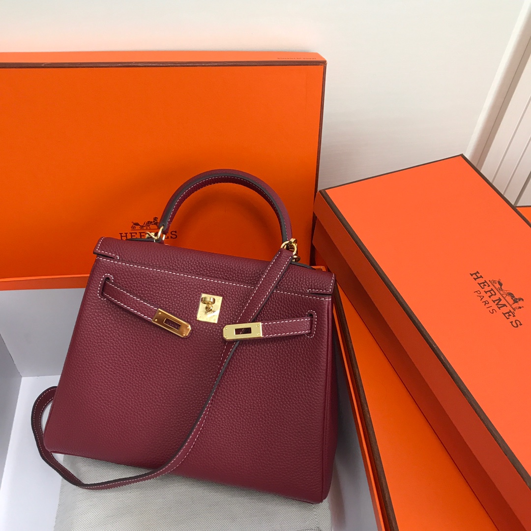 Hermes Kelly 32cm Handbag Shoulder Bag in Burgundy Togo Leather